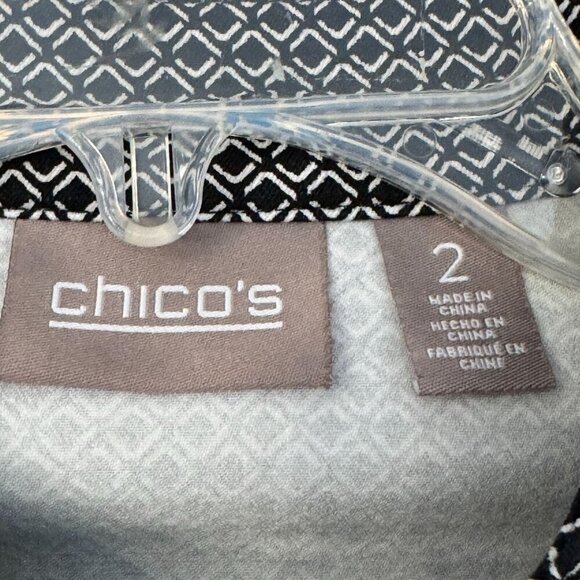 Chicos Black & White Button-Up Jacket Geometric Pattern Ruche Sleeve & Pockets 2 - Picture 8 of 13